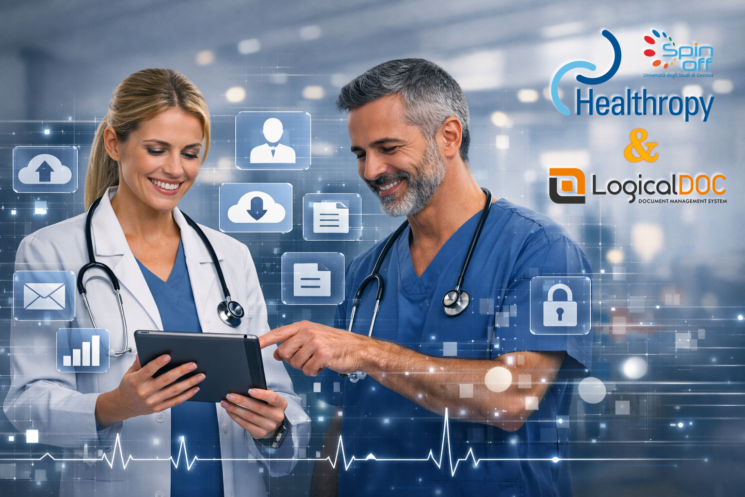 Doctors in a clinical setting consult a tablet with digital overlays and the Healthropy and LogicalDOC logos, a symbol of interoperability and secure document management in the healthcare sector.