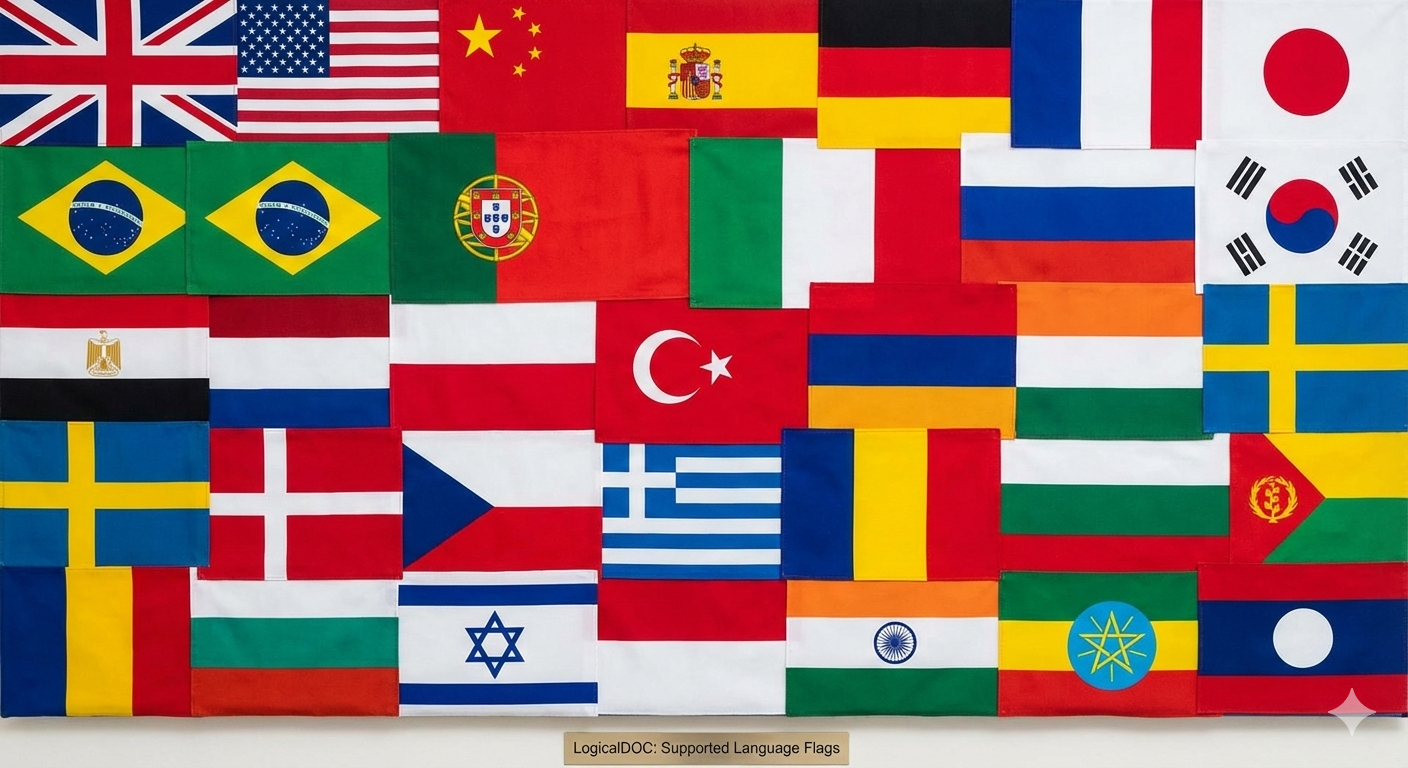World Map of Supported Languages flag mosaic showing the breadth of supported languages by LogicalDOC 9.2.2