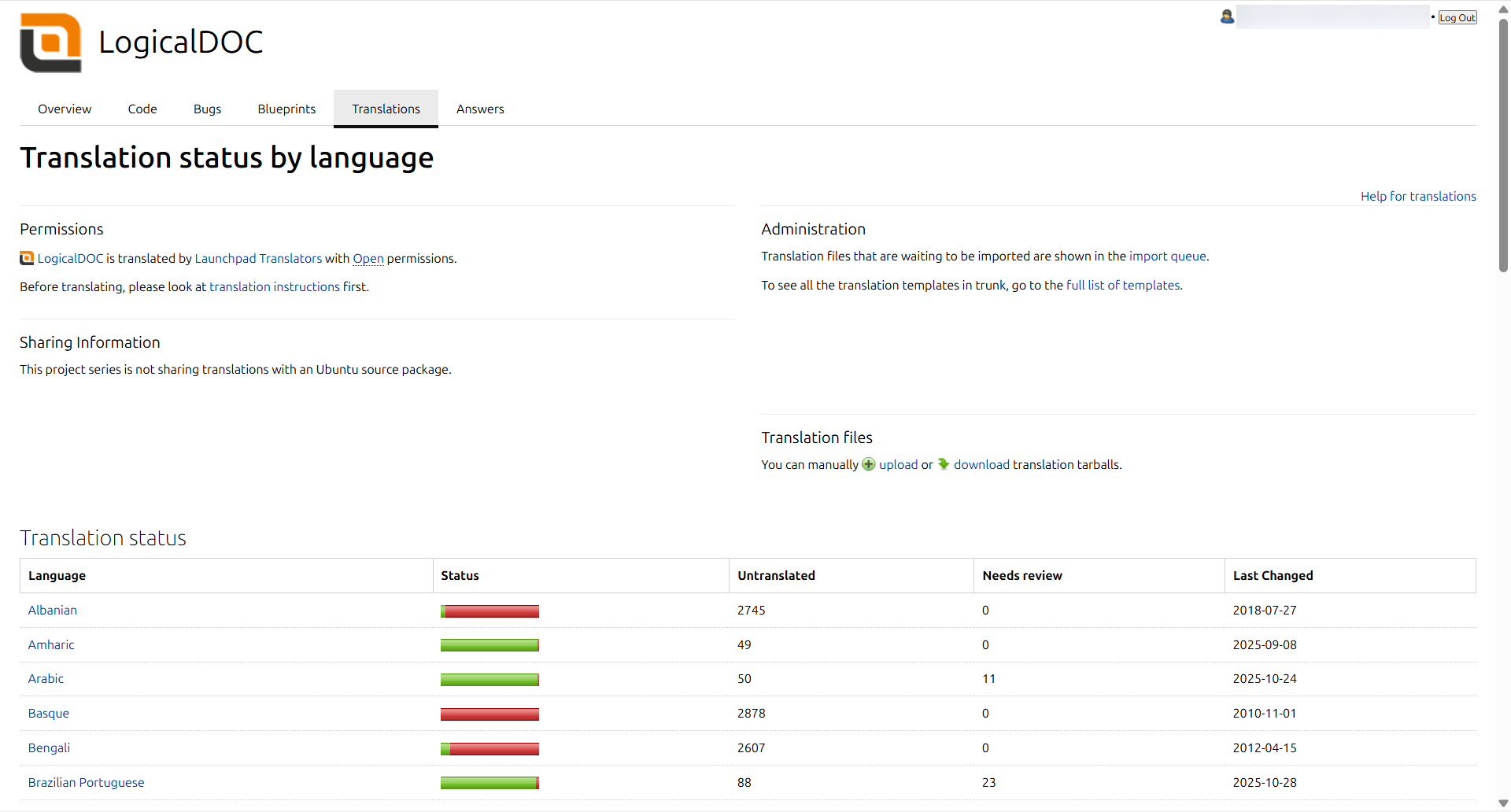 Translation Portal Screenshot A screenshot of the LogicalDOC translation Launchpad interface