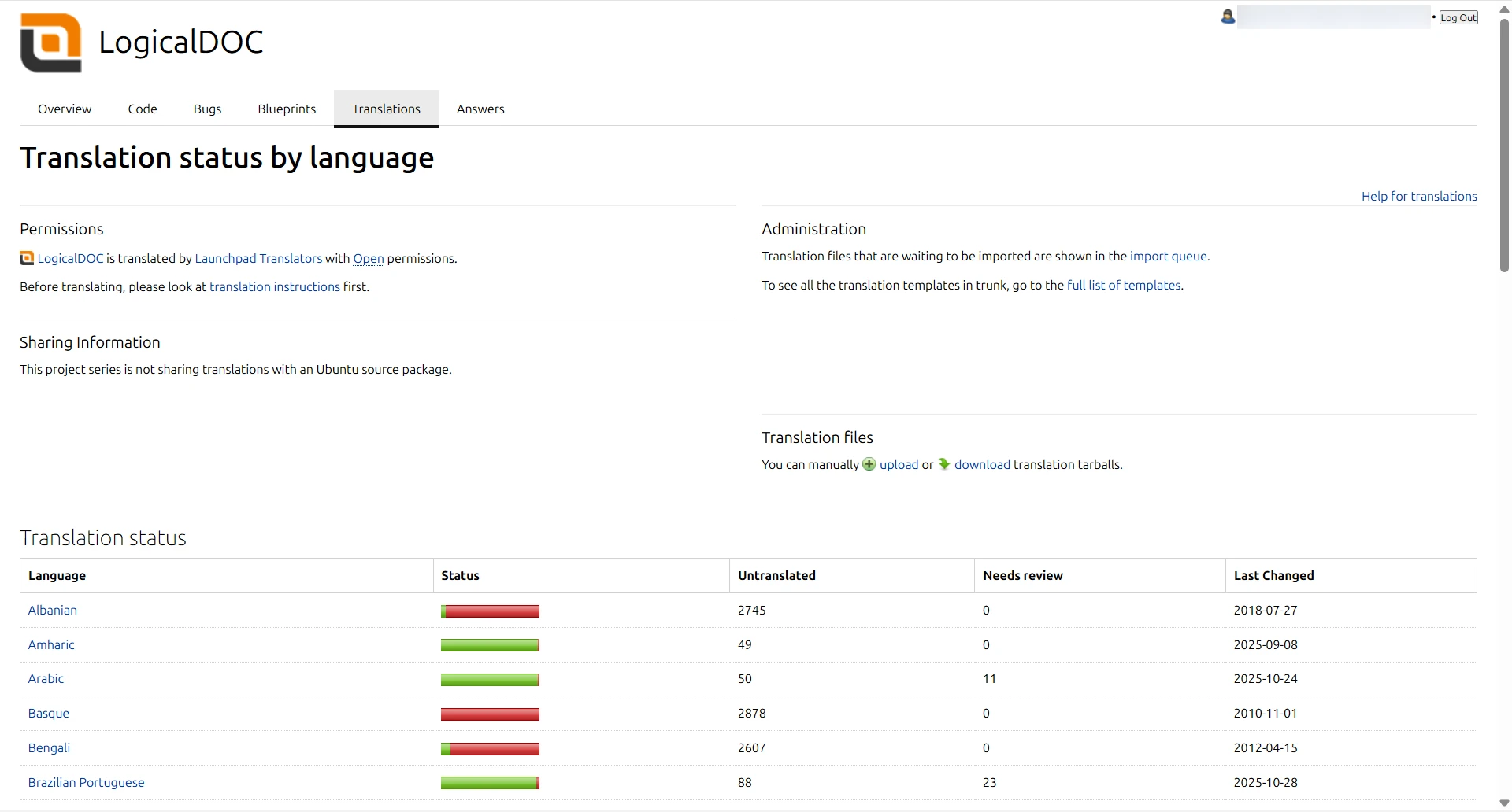 Translation Portal Screenshot A screenshot of the LogicalDOC translation Launchpad interface