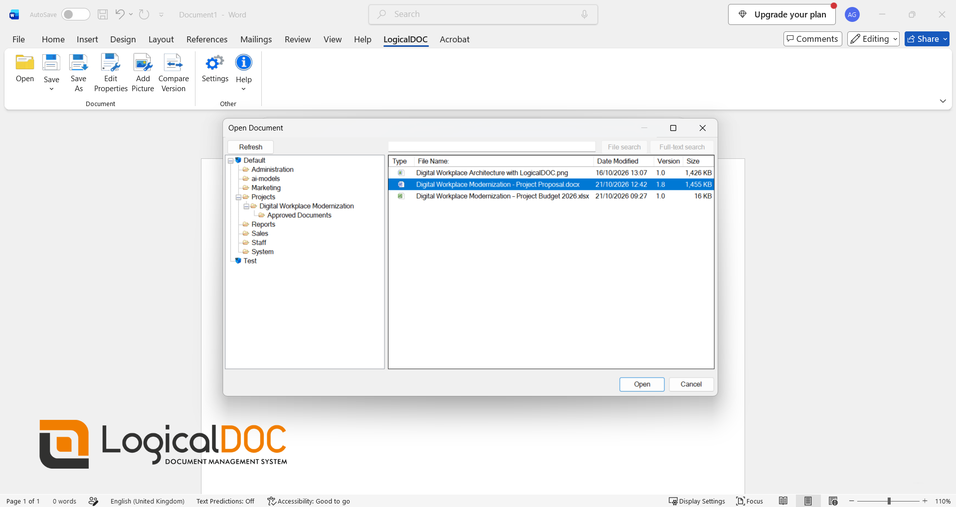 LogicalDOC Office Add-in 4.2.0 integration with Microsoft Office for document management