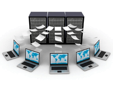 laptops connected to a central server with papers flying