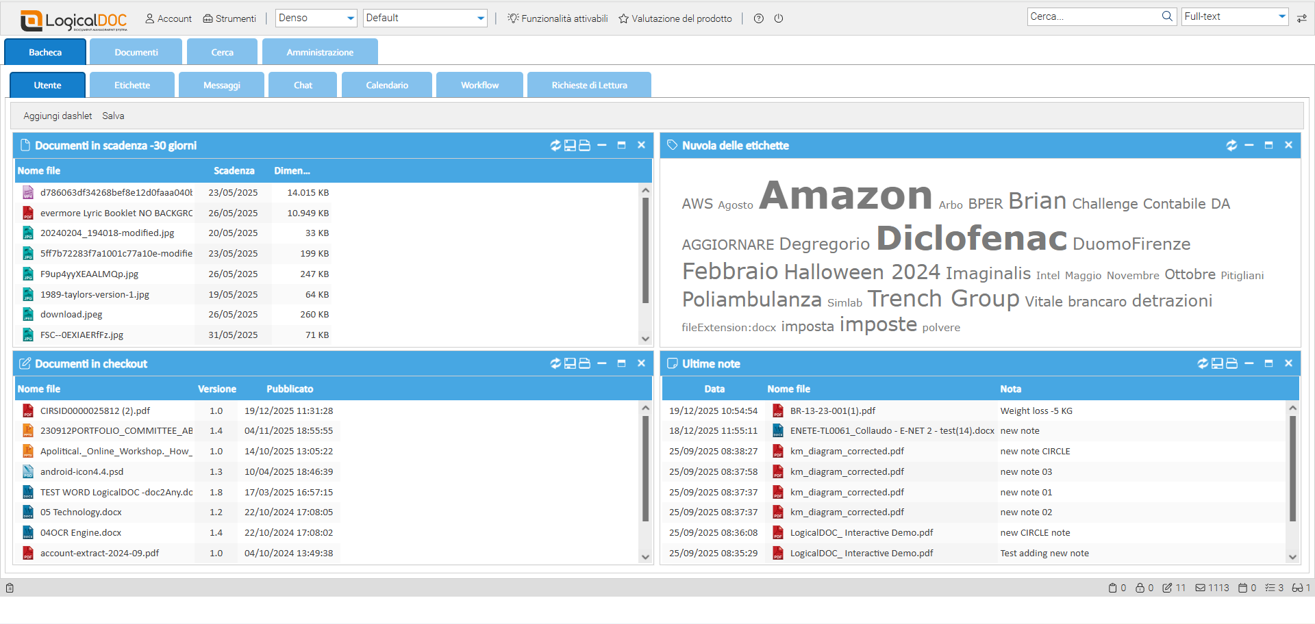 LogicalDOC – Dashboard con tag cloud e attività utente Schermata della dashboard di LogicalDOC con documenti bloccati, tag cloud multilingue e note recenti, che illustra la gestione metadati e versioni
