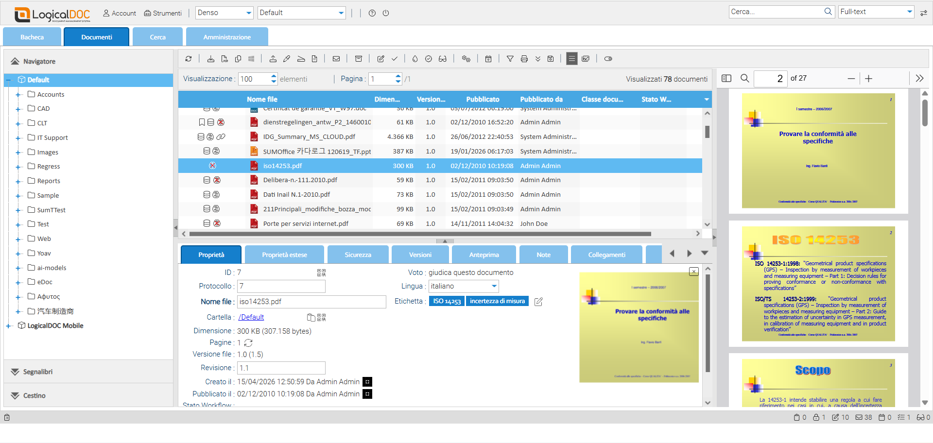 LogicalDOC – Documento ISO 14253 nel repository Schermata di LogicalDOC che mostra l’elenco documenti nella cartella Default con il file iso14253.pdf selezionato e l’anteprima delle slide sul tema “Provare la conformità alle specifiche” secondo la norma ISO 14253