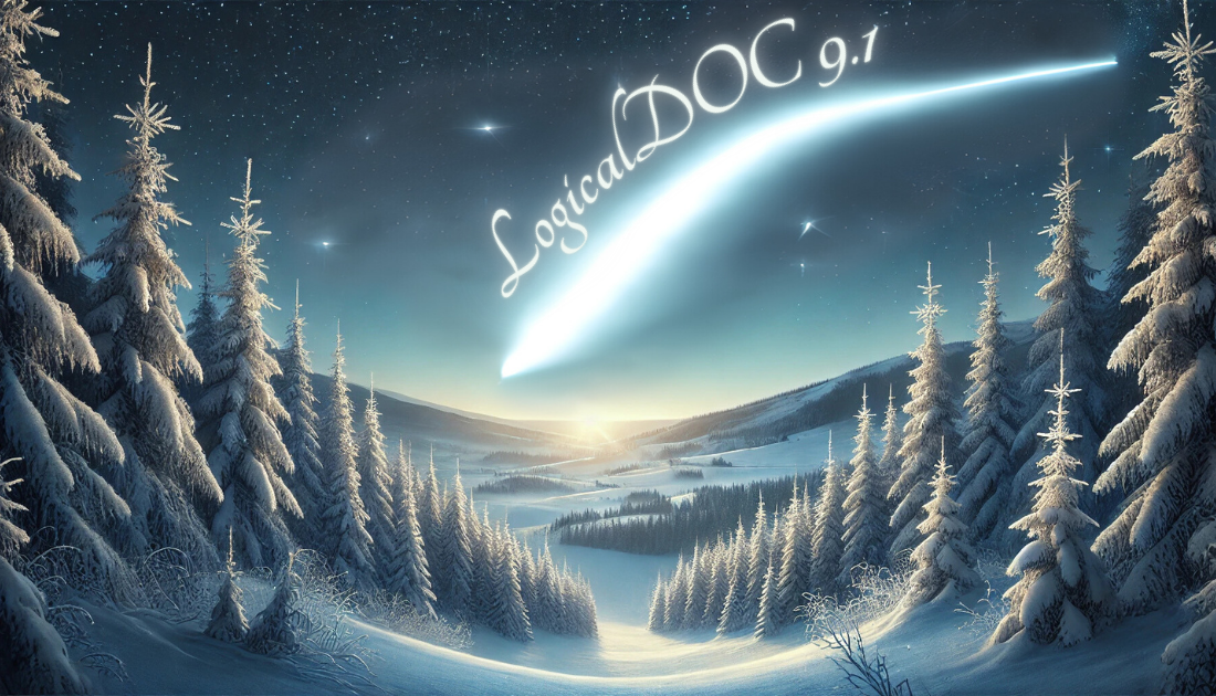 Comet star with the writing LogicalDOC on a snowy Christmas-style landscape