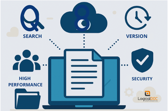 LogicalDOC DMS showcasing core features: Search, Version Control, High Performance, Security