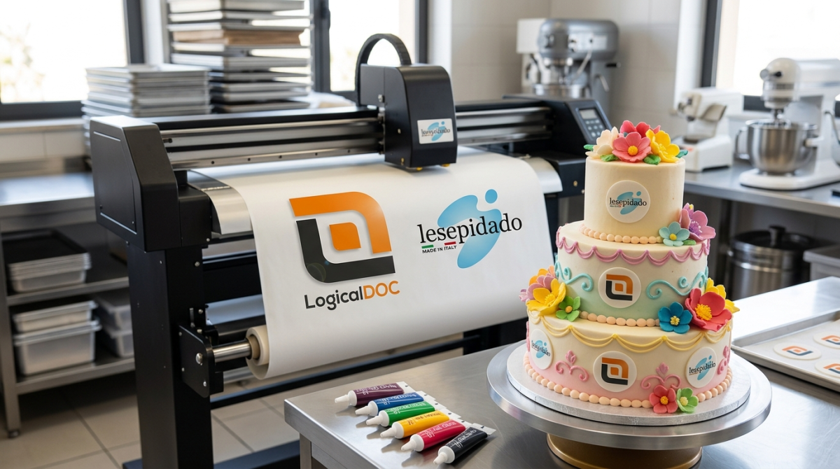 An industrial food printer in a professional bakery kitchen printing the LogicalDOC and Lesepidado logos on a large white sheet, with a decorated three-tier cake in the foreground showcasing both company logos.