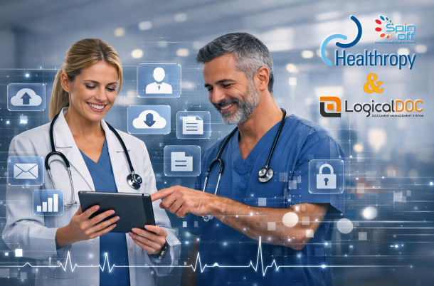 Doctors in a clinical setting consult a tablet with digital overlays and the Healthropy and LogicalDOC logos, a symbol of interoperability and secure document management in the healthcare sector.