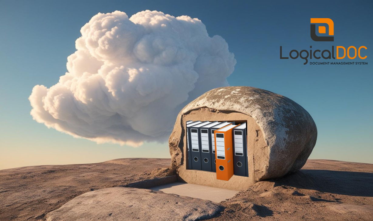Representación conceptual de la gestión documental local frente a la gestión en la nube, con el logo de LogicalDOC