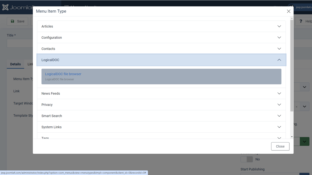Joomla Menu Item for LogicalDOC Explorer