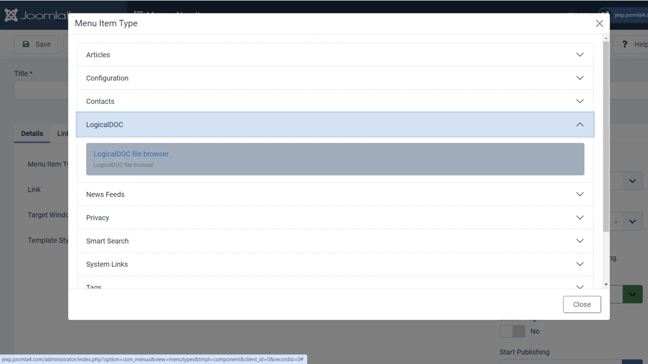 Joomla Menu Item for LogicalDOC Explorer