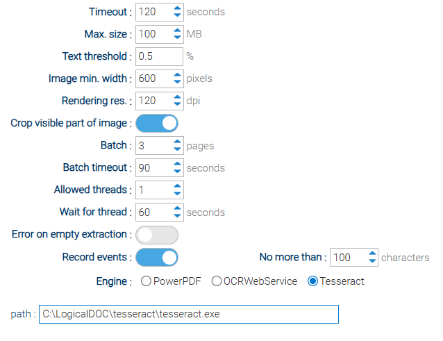 Detailed OCR configuration parameters in LogicalDOC administration panel