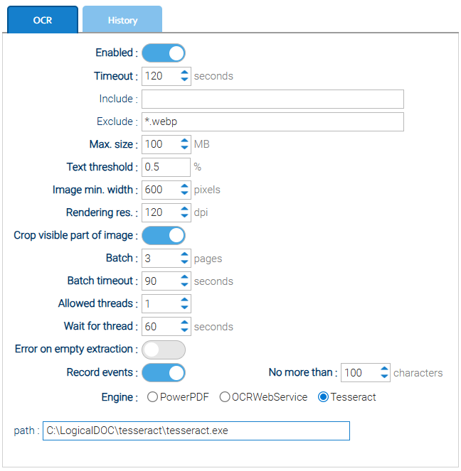LogicalDOC OCR settings panel showing configuration options and engines