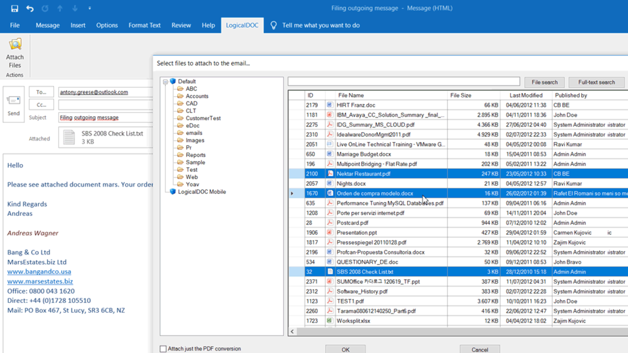 Attach Documents from LogicalDOC to Outlook Email