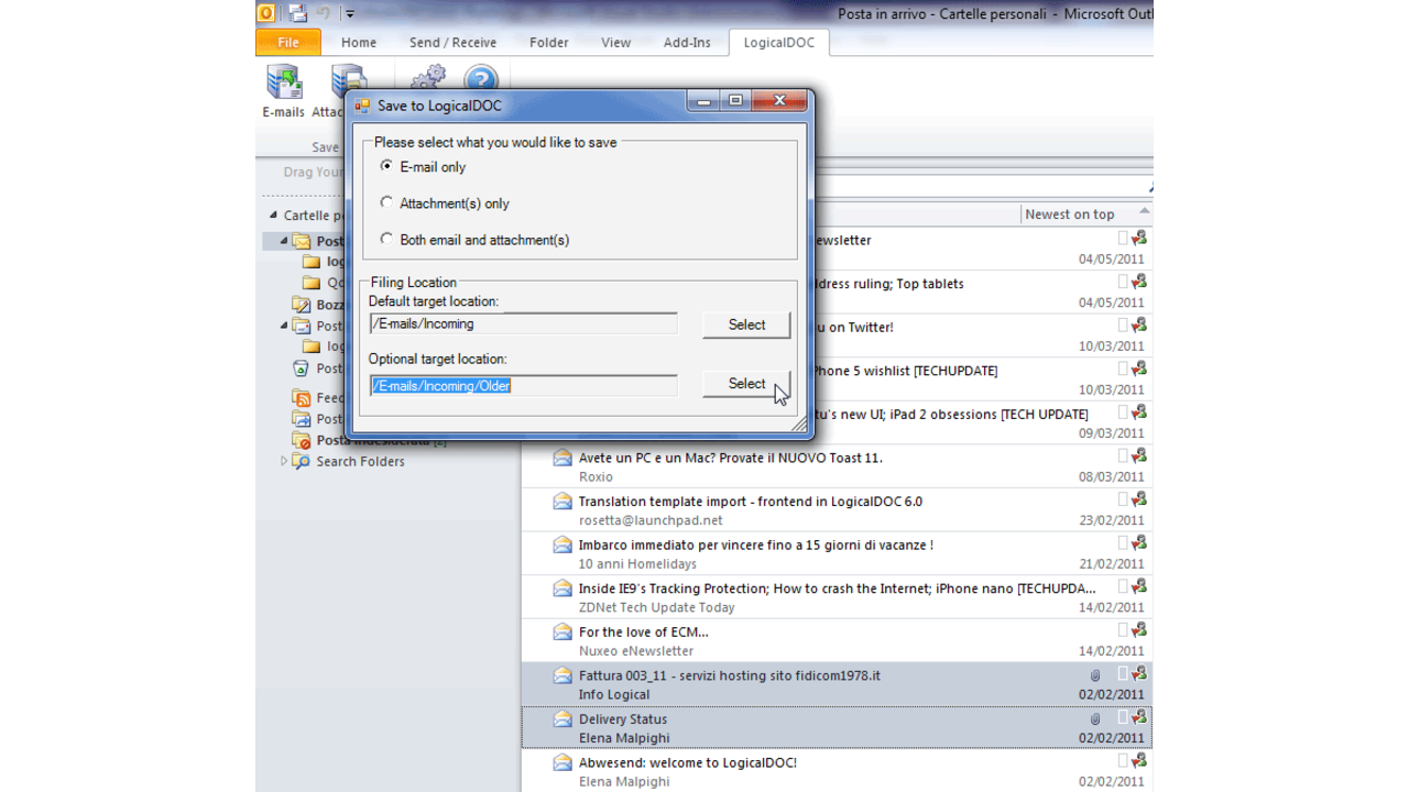 Save Emails and Attachments to LogicalDOC from Outlook