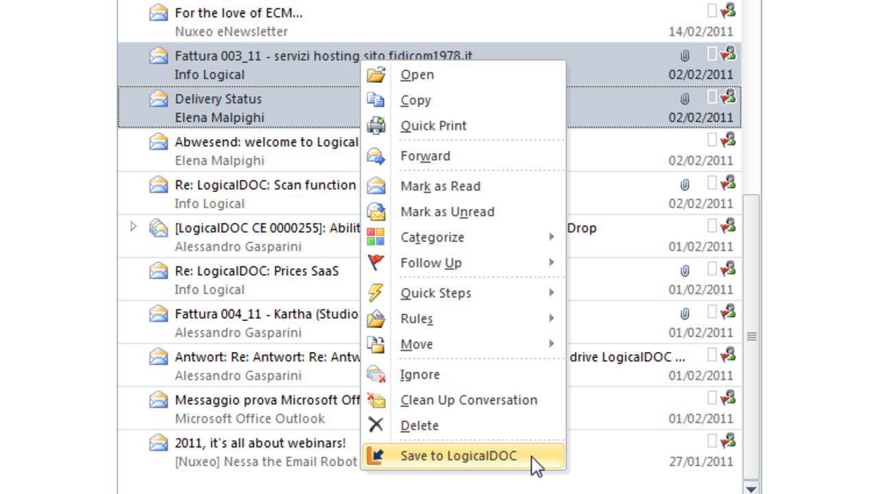 Save Emails to LogicalDOC Using Outlook Context Menu