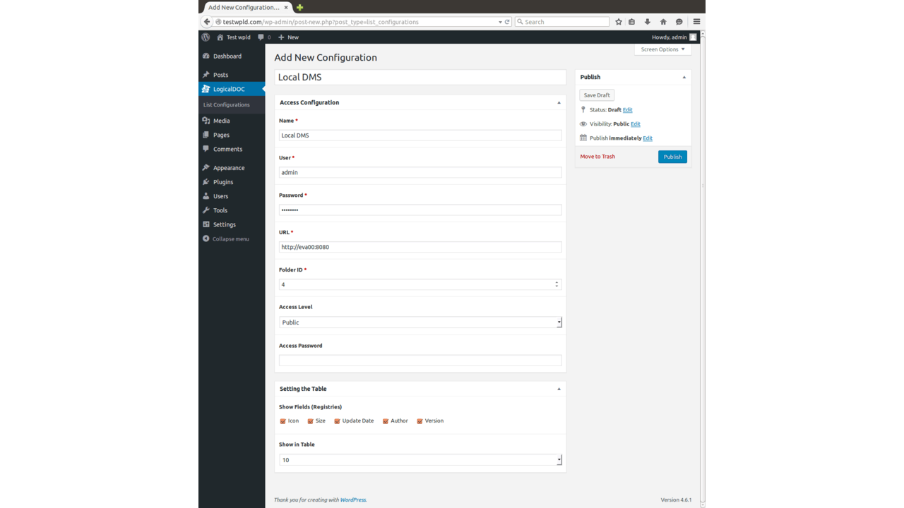 LogicalDOC WordPress Explorer Connection Settings