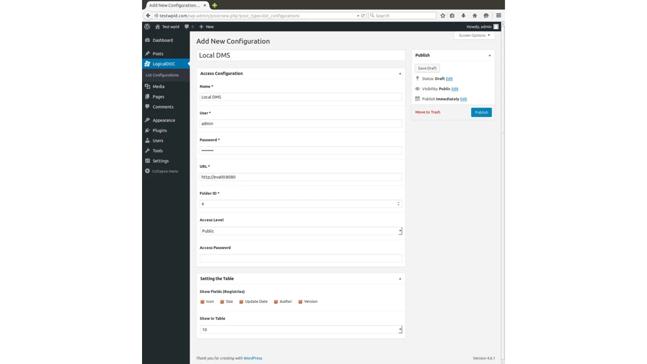 LogicalDOC WordPress Explorer Connection Settings
