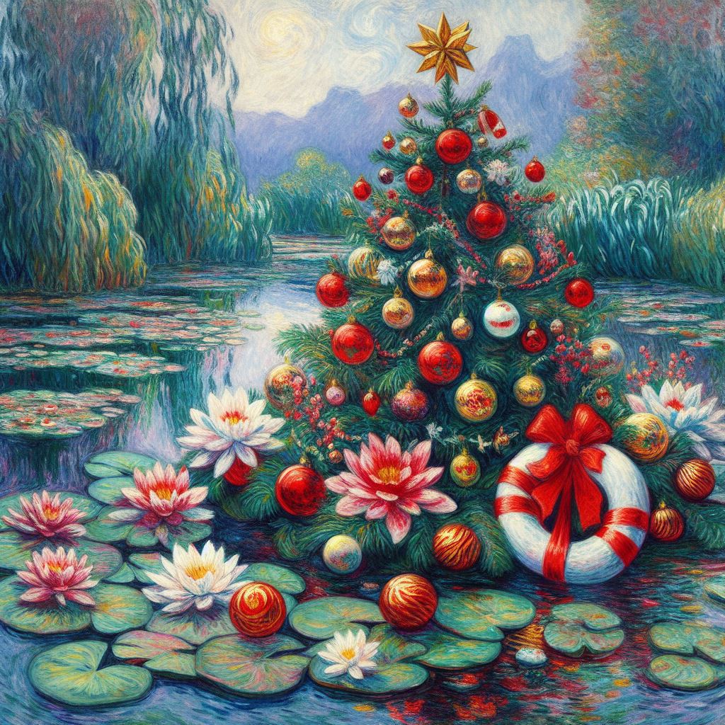Christmas tree on a water lily lake produced by Microsoft Bing's AI Image Creator in Claude Monet style