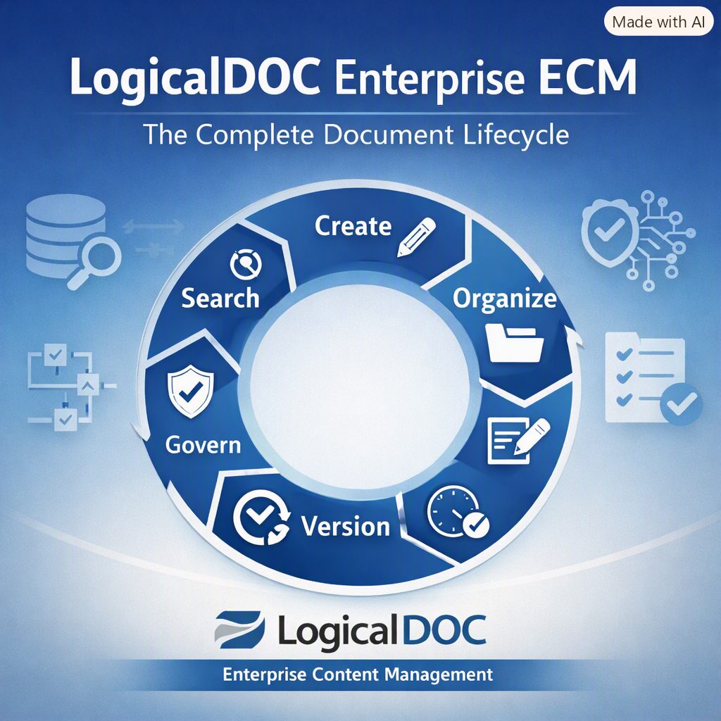 LogicalDOC Enterprise ECM-Titelbild, das den gesamten Dokumentenlebenszyklus mit kreisförmigen Symbolen für Erstellen, Organisieren, Bearbeiten, Versionieren, Genehmigen, Verwalten und Suchen sowie das LogicalDOC-Logo und den Slogan ‚Enterprise Content Management‘“ width=