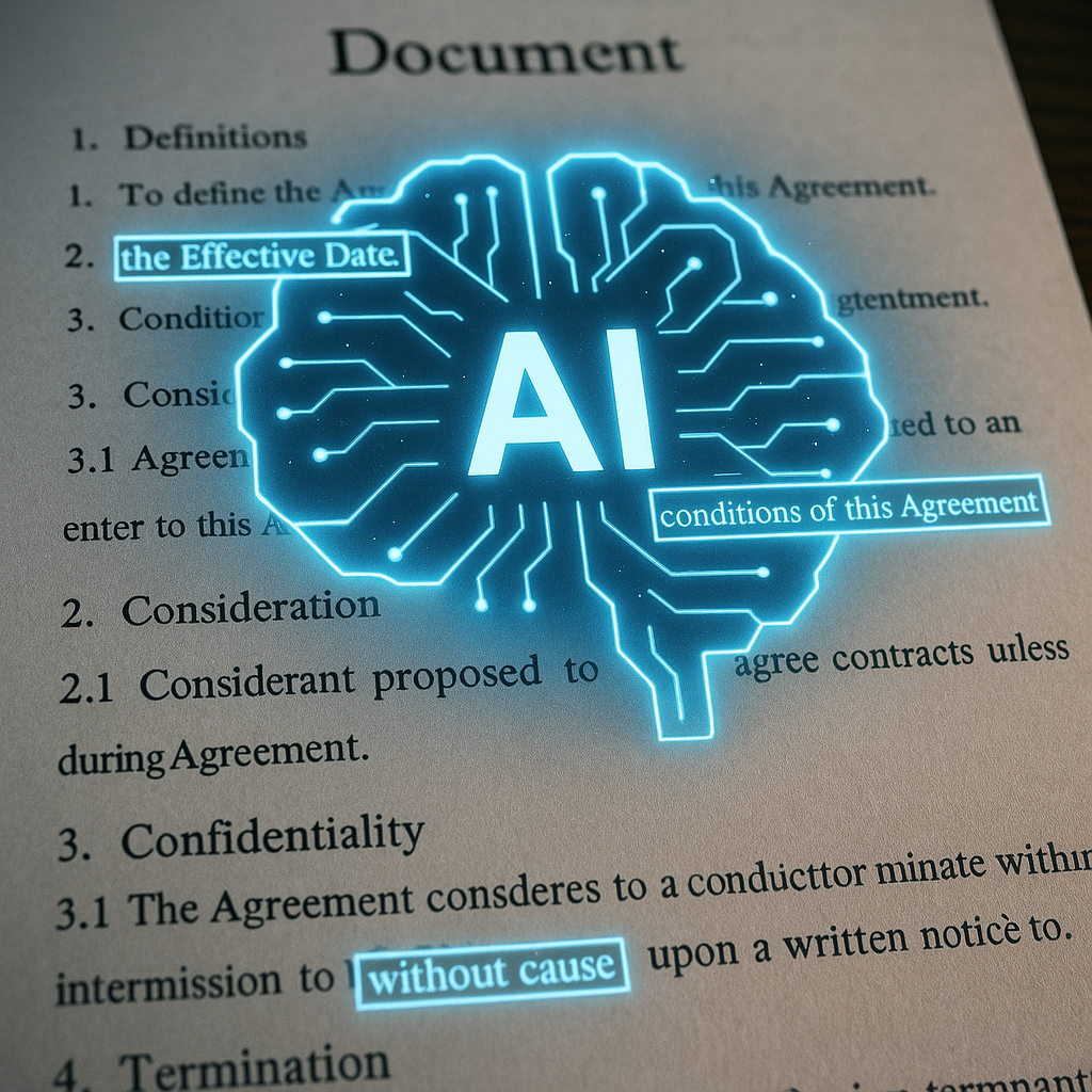 A glowing AI brain graphic overlaying a legal document, highlighting key clauses