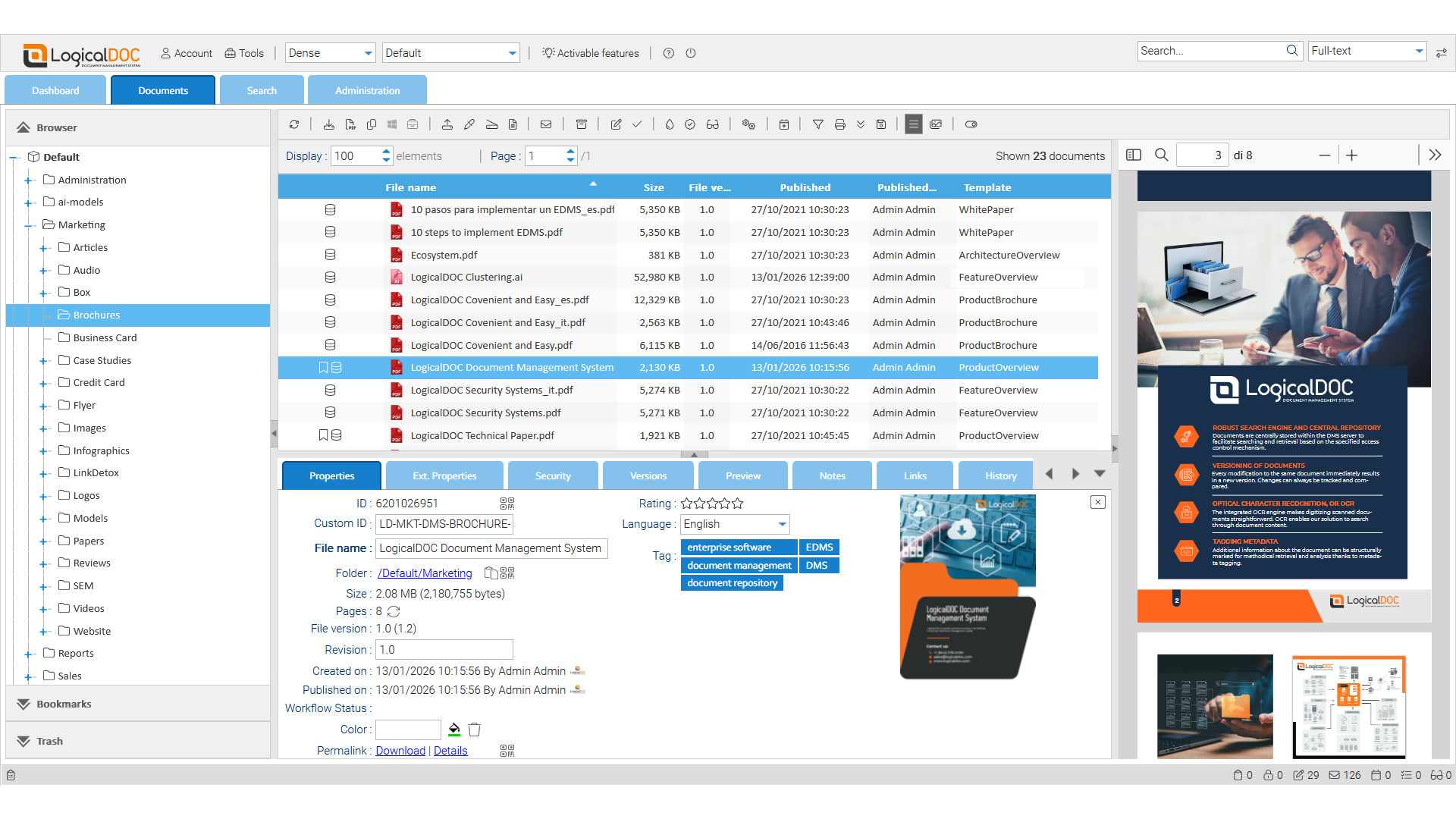 Digital document archive in LogicalDOC displaying organized folders, metadata, and a brochure preview replacing traditional paper archives