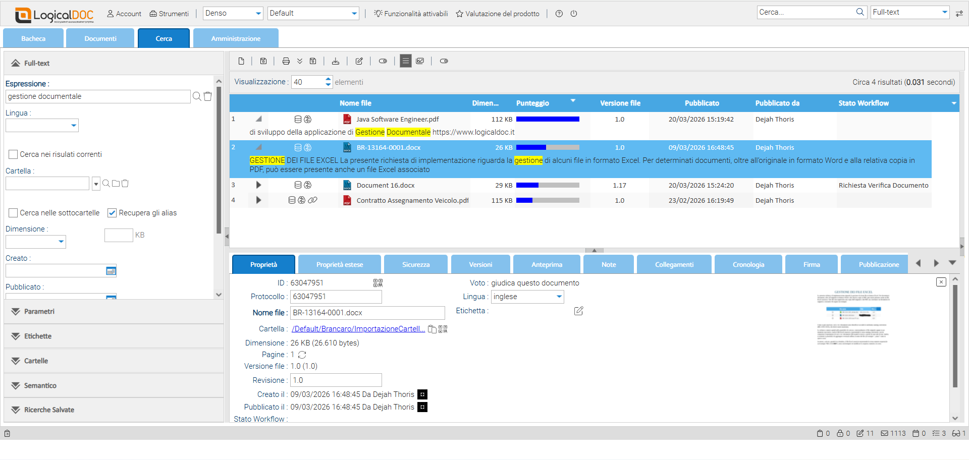 Interfaccia di LogicalDOC in italiano che mostra una ricerca full‑text per “gestione documentale” con risultati evidenziati e anteprima del documento BR‑13164‑0001.docx