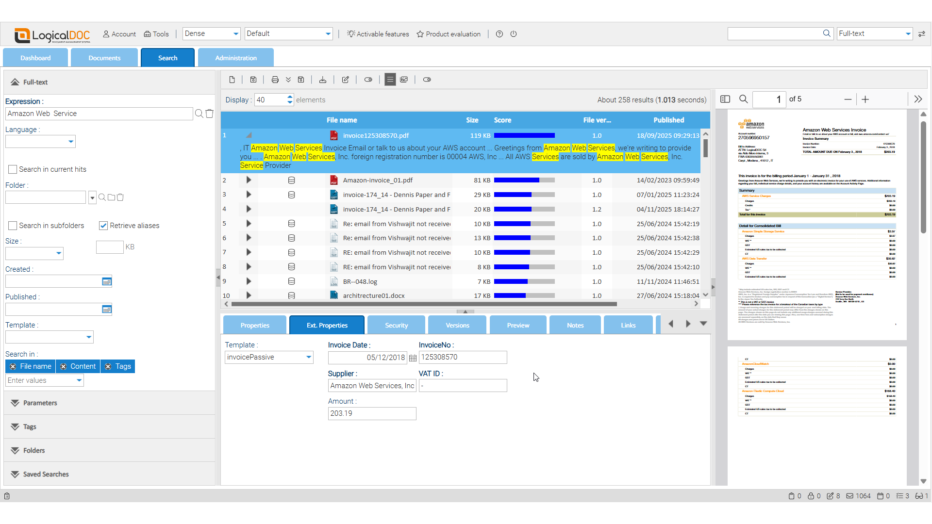 Search interface in LogicalDOC showing highlighted keyword matches inside documents, demonstrating fast full‑text retrieval