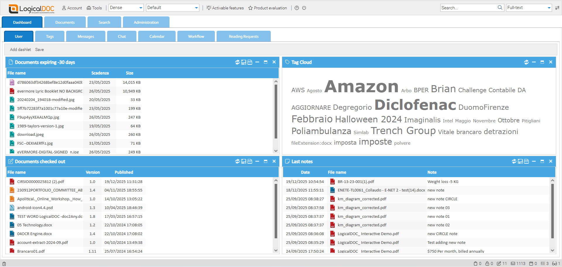 LogicalDOC dashboard showing tag cloud, checked‑out documents, and recent notes, illustrating metadata‑driven document organization