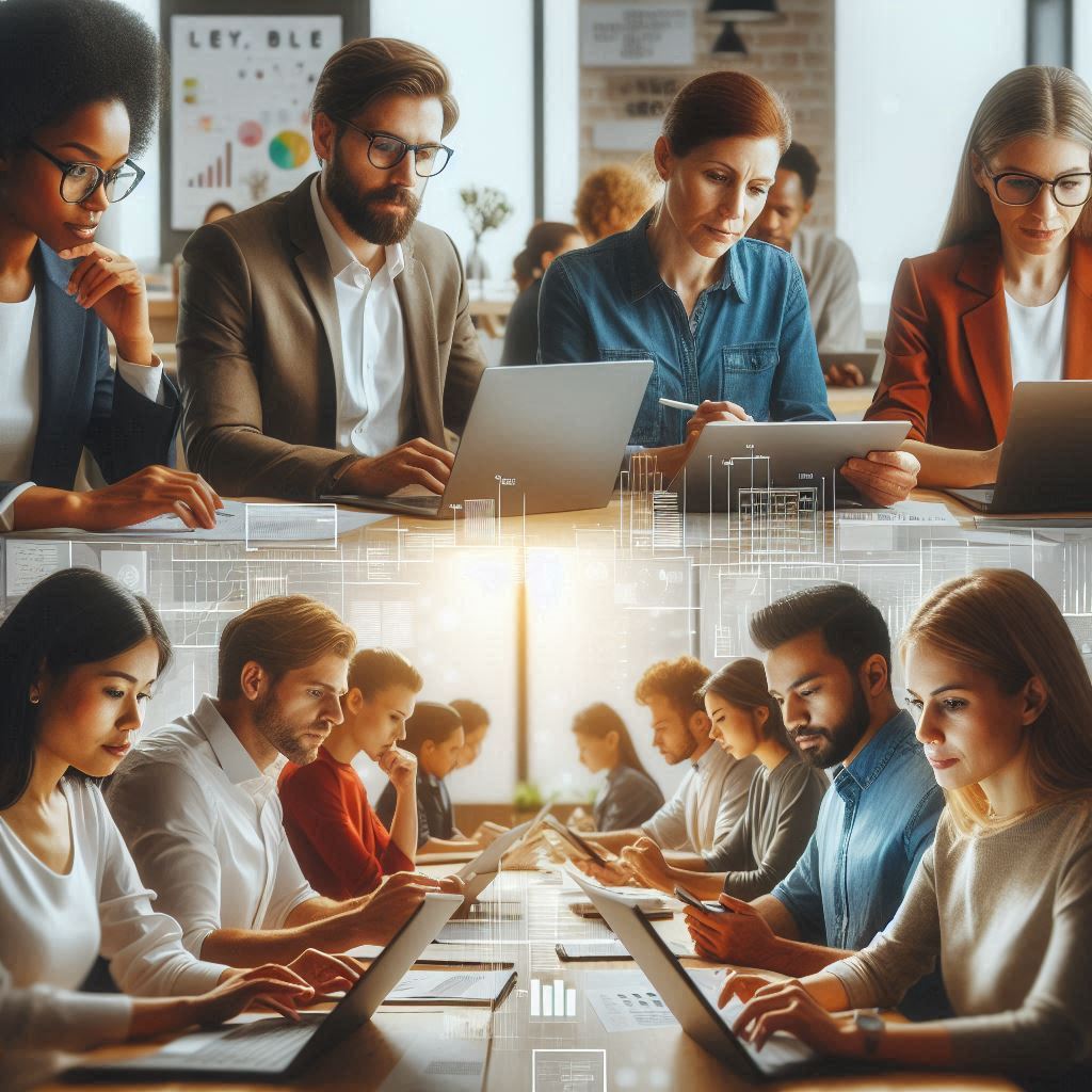 Split-screen with team members reviewing the same document on different devices