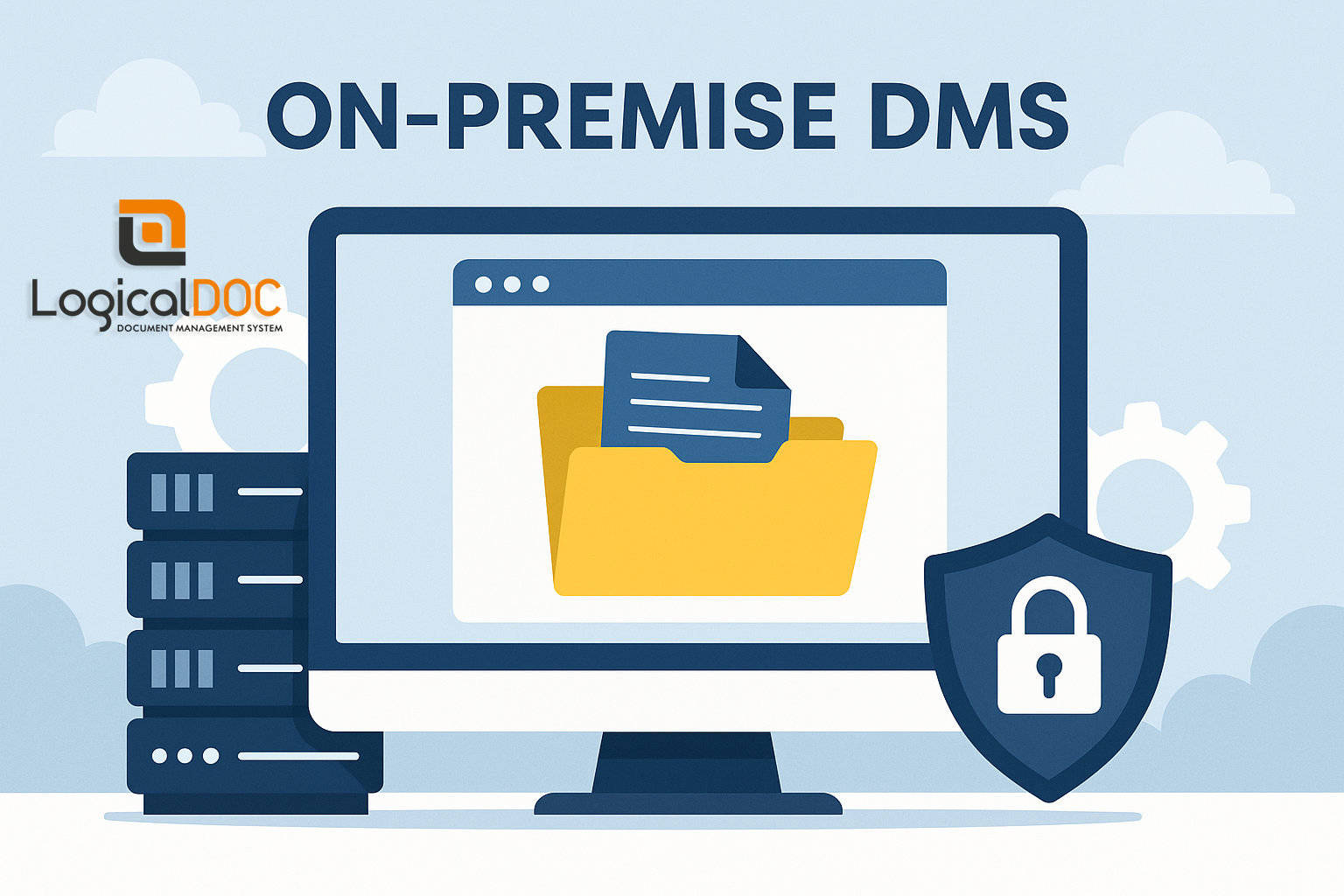 Stylized image of a computer screen showing a folder with a document. On the left side of the screen are folders of documents and what appears to be a desktop PC. A shield with a padlock appears superimposed on the computer screen at the bottom right.