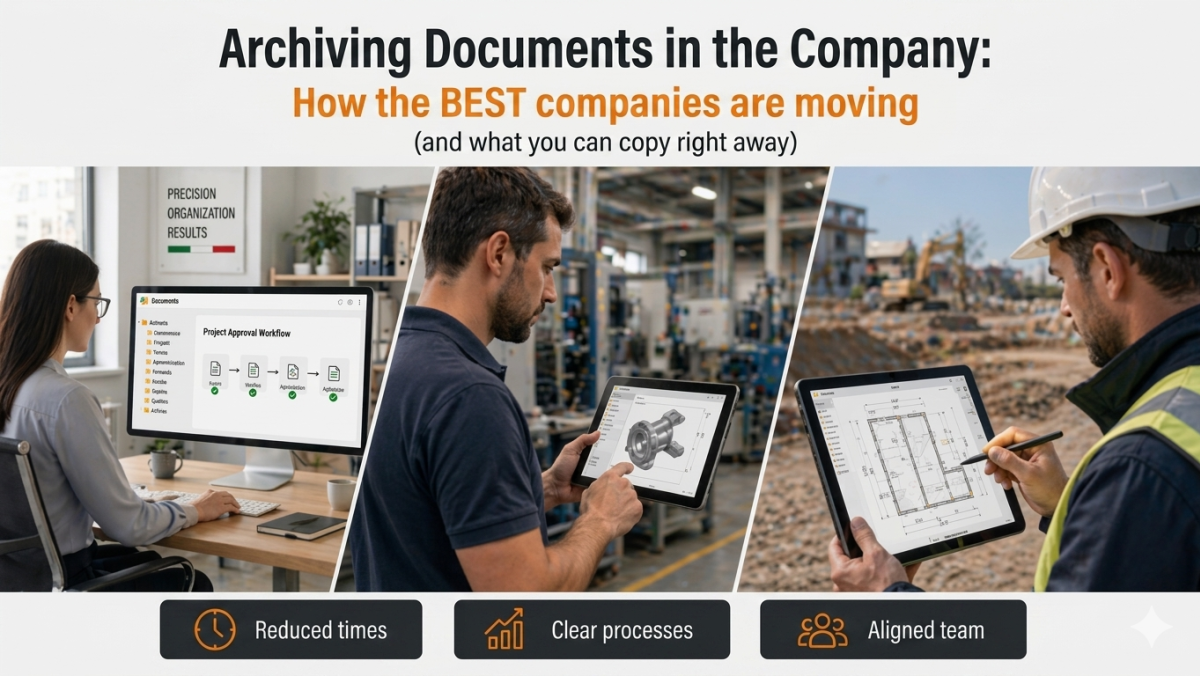 A three-panel infographic showcasing digital document management across different work environments: an office worker at a desktop, a technician in a factory with a tablet, and a site manager on a construction site with a stylus. The bottom bar features icons for "Reduced times," "Clear processes," and "Aligned team."