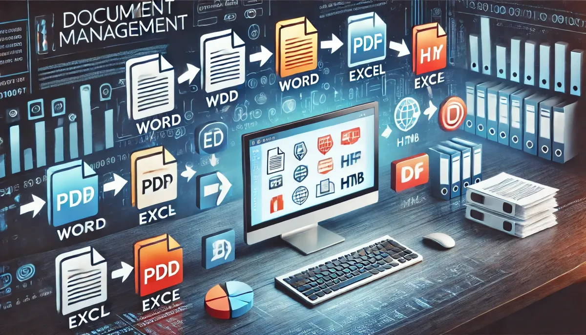 document management, showing digital files being converted between formats such as PDF, Word, Excel, and HTML