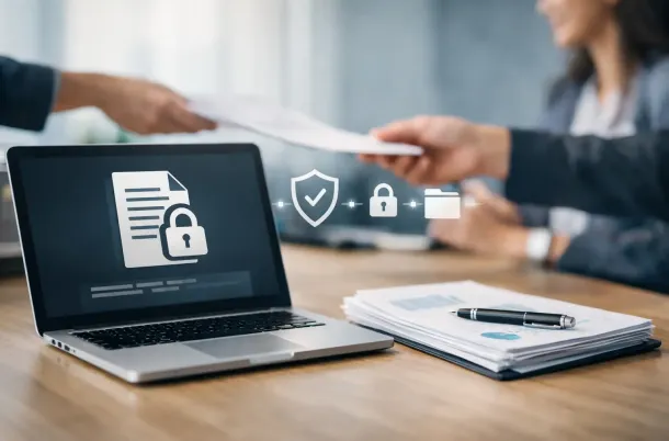 Laptop showing a secure document icon on a desk while two people exchange papers in the background
