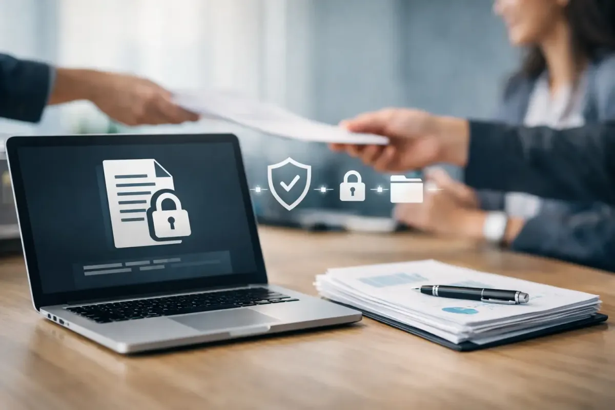 Laptop showing a secure document icon on a desk while two people exchange papers in the background