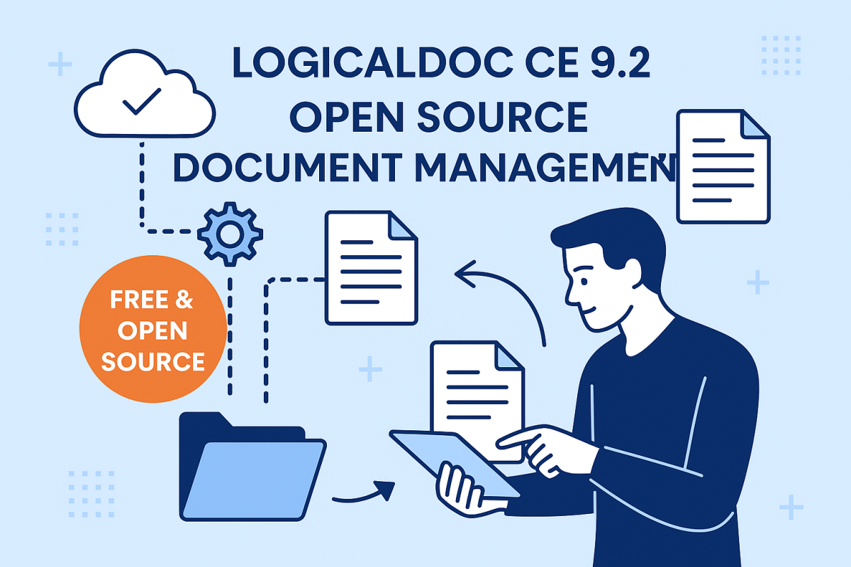 LogicalDOC Community Edition 9.2 a free and open-source document management system. Features icons of documents, cloud storage, and workflow arrows, with a person using a tablet to manage files