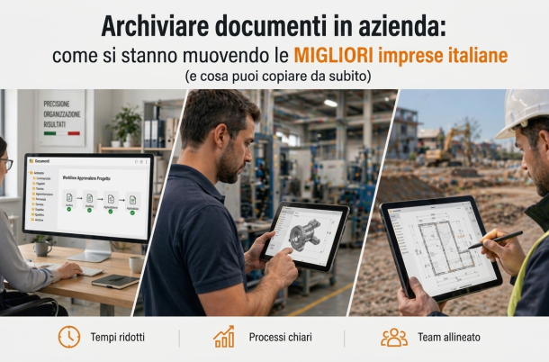 Professionisti in ufficio, produzione e cantiere utilizzano workflow digitali e tablet per gestire documenti, disegni tecnici e progetti in modo rapido e coordinato.