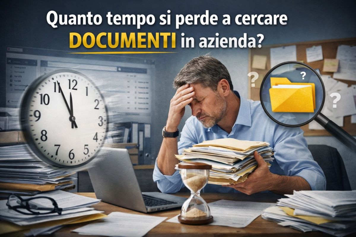 Persona in ufficio sommersa da documenti mentre cerca un file