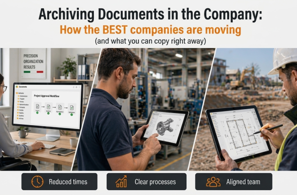 A three-panel infographic showcasing digital document management across different work environments: an office worker at a desktop, a technician in a factory with a tablet, and a site manager on a construction site with a stylus. The bottom bar features icons for "Reduced times," "Clear processes," and "Aligned team."