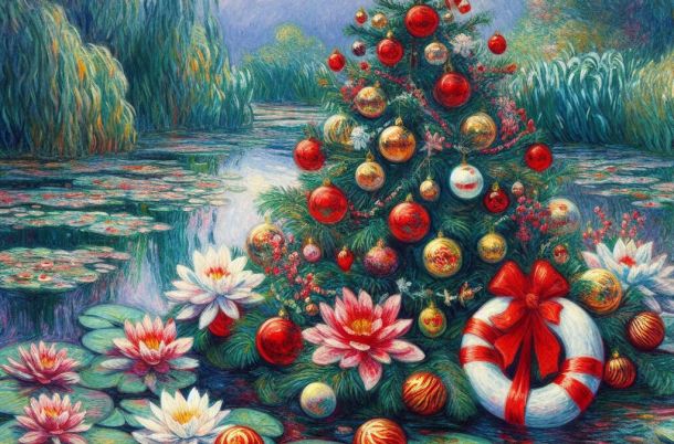 Christmas tree on a water lily lake produced by Microsoft Bing's AI Image Creator in Claude Monet style