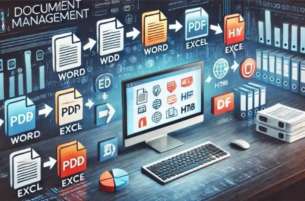 document management, showing digital files being converted between formats such as PDF, Word, Excel, and HTML