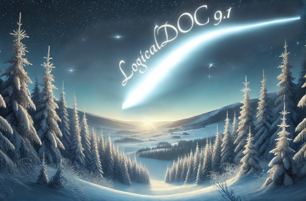 Comet star with the writing LogicalDOC on a snowy Christmas-style landscape